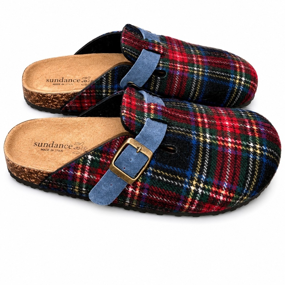 Sundance Clogs Womens EU 38 US7-7.5 Plaid Wool Felt Slip On Mules Buckle Italy